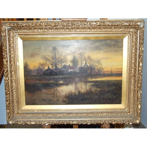 4 - H Cole AUTUMNAL FLOOD AT EVENTIDE WITH COTTAGES AND A CHURCH Signed oil on canvas, dated 1874, 51 x ... 