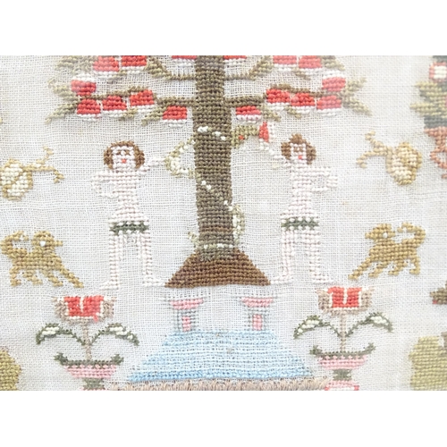 25 - An early-Victorian sampler by Elizabeth Blampied aged 7, dated 1841, with Adam and Eve above a house... 