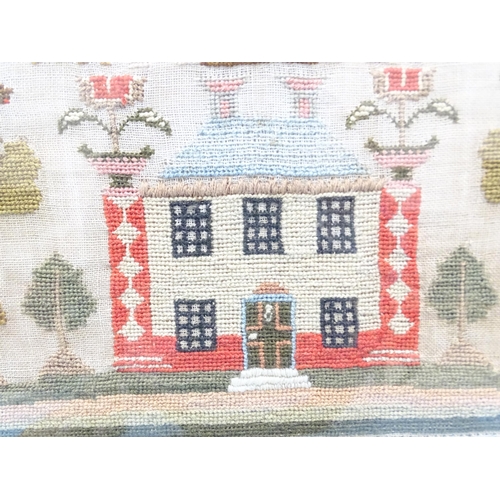 25 - An early-Victorian sampler by Elizabeth Blampied aged 7, dated 1841, with Adam and Eve above a house... 