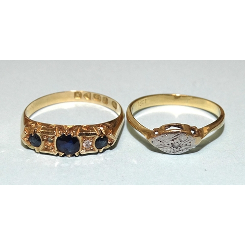 255 - An 18ct gold sapphire and diamond ring, (one setting vacant), size N and another set diamond point, ... 