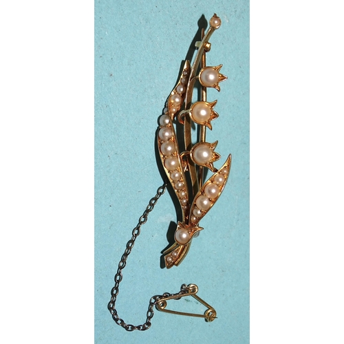 262 - A Victorian spray brooch in the form of lilies of the valley set split pearls, unmarked, tests as 15... 