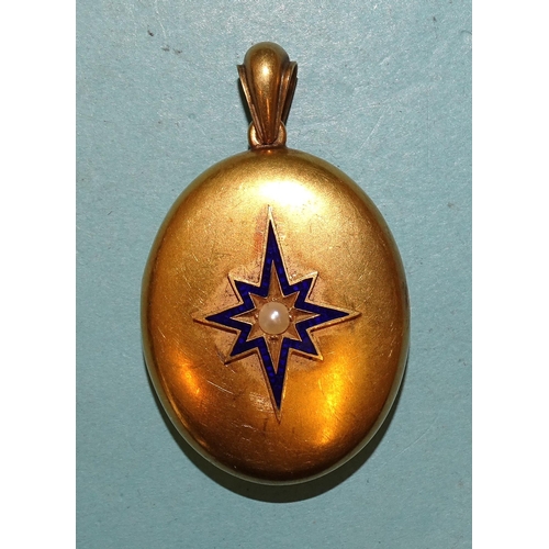 270 - A Victorian yellow metal locket pendant with blue enamel and demi-pearl-set star, 47mm long includin... 