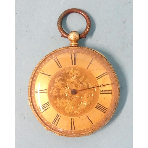 285 - A Continental 18ct-gold-cased open-face key-wind pocket watch with floral-engraved gilt face and gol... 