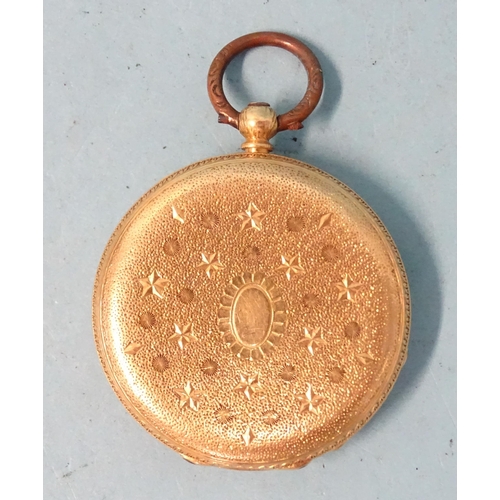 285 - A Continental 18ct-gold-cased open-face key-wind pocket watch with floral-engraved gilt face and gol... 