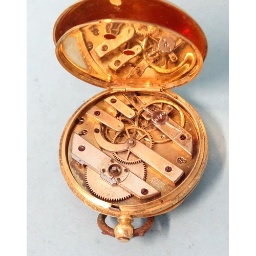 285 - A Continental 18ct-gold-cased open-face key-wind pocket watch with floral-engraved gilt face and gol... 