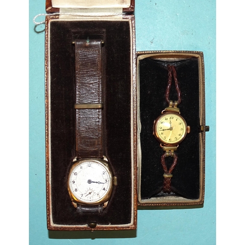 291 - A gent's 9ct-gold-cased 1930's wrist watch and a lady's 9ct-gold-cased wrist watch, (neither working... 