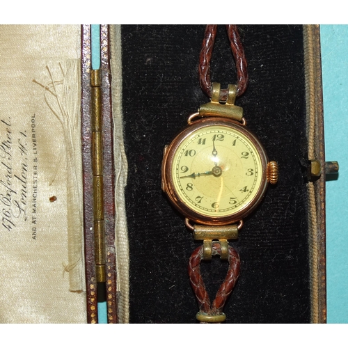 291 - A gent's 9ct-gold-cased 1930's wrist watch and a lady's 9ct-gold-cased wrist watch, (neither working... 