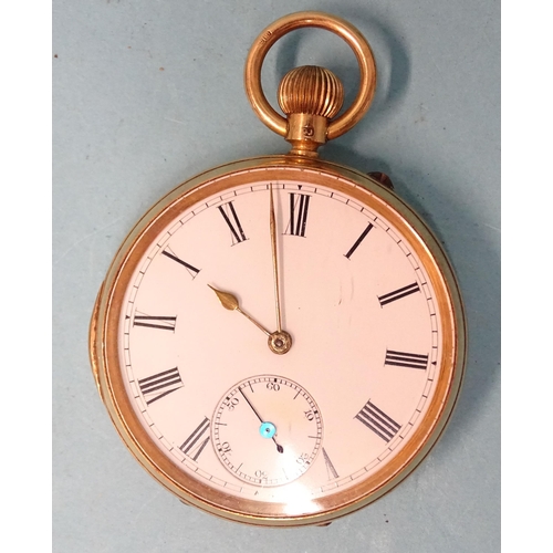 292 - An 18ct-gold-cased open-face keyless pocket watch, the white enamel dial with Roman numerals and sec... 