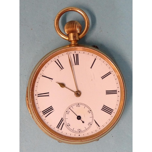 292 - An 18ct-gold-cased open-face keyless pocket watch, the white enamel dial with Roman numerals and sec... 