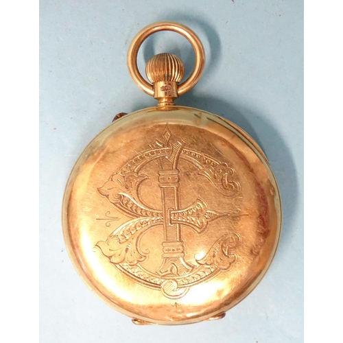 292 - An 18ct-gold-cased open-face keyless pocket watch, the white enamel dial with Roman numerals and sec... 