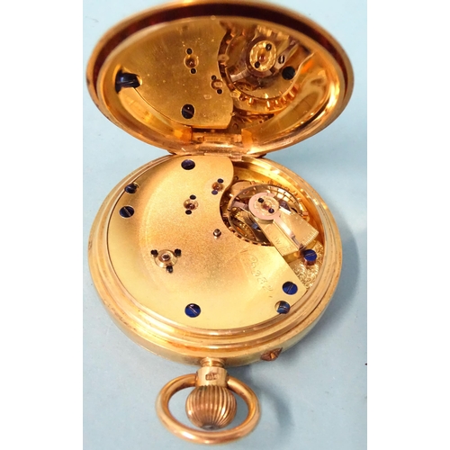 292 - An 18ct-gold-cased open-face keyless pocket watch, the white enamel dial with Roman numerals and sec... 