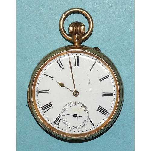 292 - An 18ct-gold-cased open-face keyless pocket watch, the white enamel dial with Roman numerals and sec... 