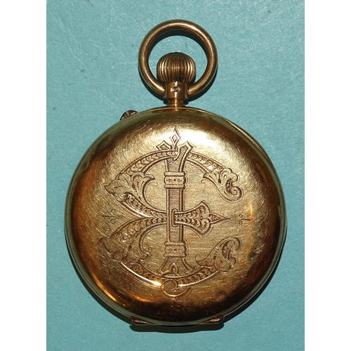 292 - An 18ct-gold-cased open-face keyless pocket watch, the white enamel dial with Roman numerals and sec... 