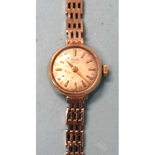 294 - A lady's 9ct gold Tudor Royal wrist watch 1961, on Rolex 9ct gold gate-link bracelet, case numbered ... 