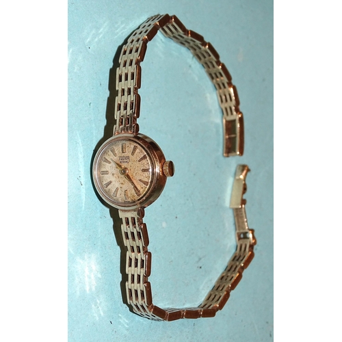 294 - A lady's 9ct gold Tudor Royal wrist watch 1961, on Rolex 9ct gold gate-link bracelet, case numbered ... 