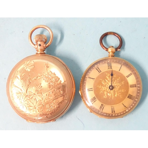 295 - A small 18k-gold-cased open-face key-wind pocket watch, with gilt dial and engraved case, metal cuve... 