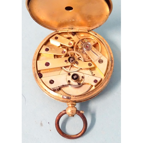 295 - A small 18k-gold-cased open-face key-wind pocket watch, with gilt dial and engraved case, metal cuve... 