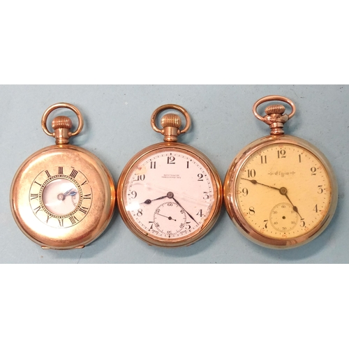 296 - A gold-plated keyless half-hunter pocket watch and two gold-plated open-face pocket watches, (none w... 