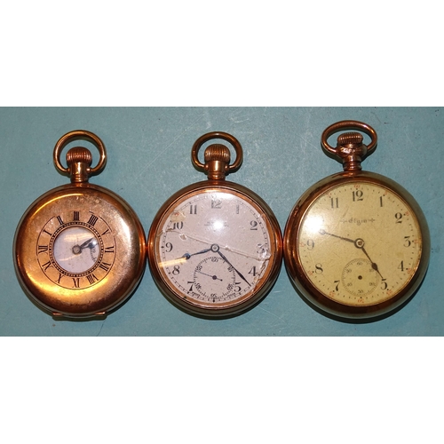 296 - A gold-plated keyless half-hunter pocket watch and two gold-plated open-face pocket watches, (none w... 