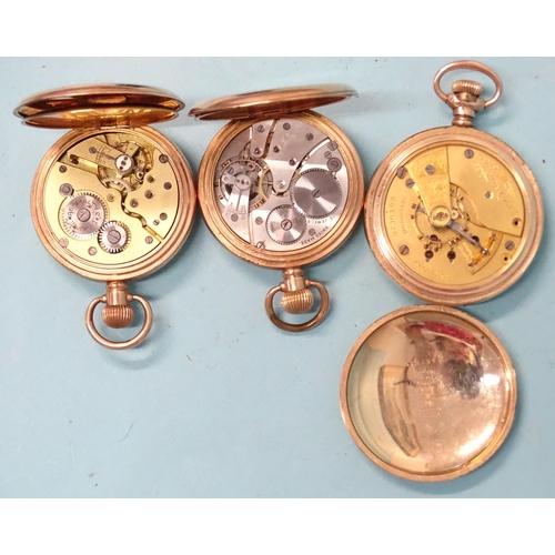 296 - A gold-plated keyless half-hunter pocket watch and two gold-plated open-face pocket watches, (none w... 