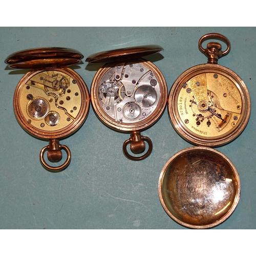 296 - A gold-plated keyless half-hunter pocket watch and two gold-plated open-face pocket watches, (none w... 