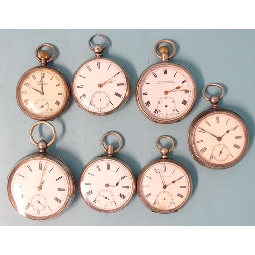 297 - Seven silver-cased open-face pocket watches, (only one working).