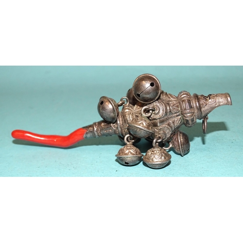 347 - A late-Victorian silver baby's rattle and whistle hung with nine bells and having a coral teether, b... 