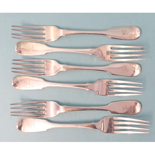 360 - Six George IV silver fiddle pattern table forks, Richard Poulden, London 1822, ___13oz.... 