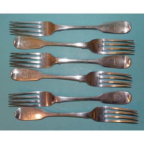 360 - Six George IV silver fiddle pattern table forks, Richard Poulden, London 1822, ___13oz.... 