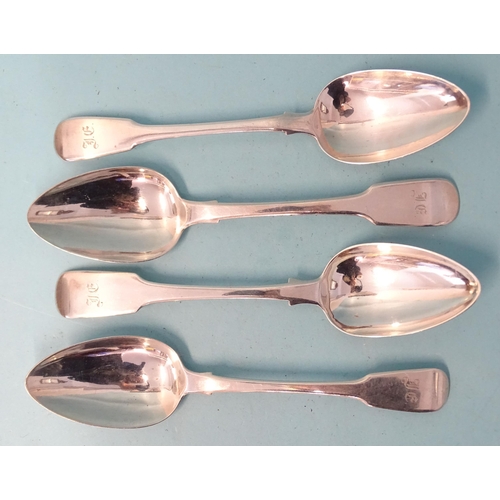 361 - Four Georgian silver fiddle pattern tablespoons, various dates and makers, ___9.37oz.... 