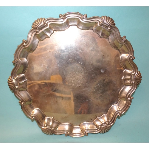 364 - A Chippendale-style silver salver on claw and ball feet, monogram to centre, Martin Hall & Co, S... 