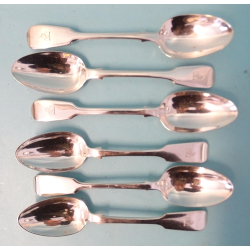 366 - Six Victorian silver fiddle pattern dessert spoons, various dates and makers, ___9.43oz.... 