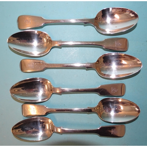 366 - Six Victorian silver fiddle pattern dessert spoons, various dates and makers, ___9.43oz.... 