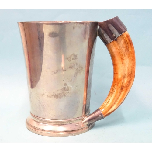 370 - A George VI silver tankard of plain tapered form, with boar's tusk handle, engraved initials and dat... 