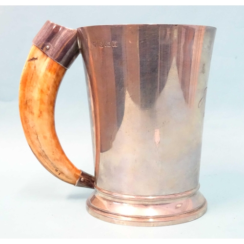 370 - A George VI silver tankard of plain tapered form, with boar's tusk handle, engraved initials and dat... 