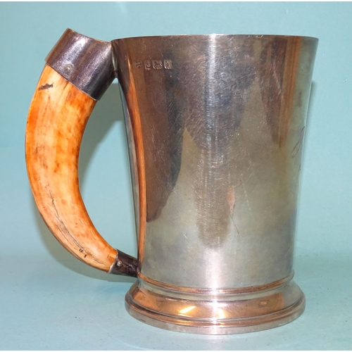 370 - A George VI silver tankard of plain tapered form, with boar's tusk handle, engraved initials and dat... 