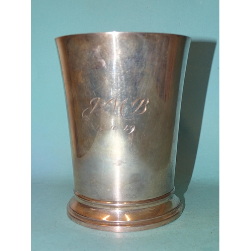 370 - A George VI silver tankard of plain tapered form, with boar's tusk handle, engraved initials and dat... 