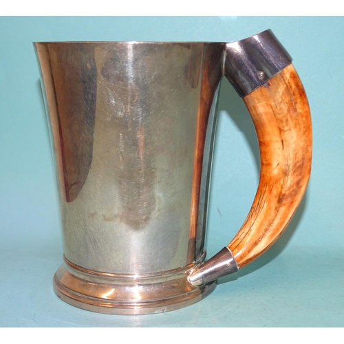 370 - A George VI silver tankard of plain tapered form, with boar's tusk handle, engraved initials and dat... 