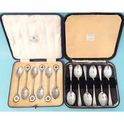 380 - A set of six silver coffee spoons with enamelled Tudor rose terminals by Mappin & Webb, Birmingh... 