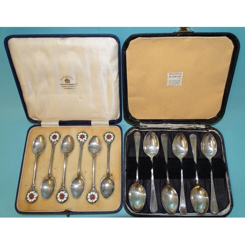 380 - A set of six silver coffee spoons with enamelled Tudor rose terminals by Mappin & Webb, Birmingh... 