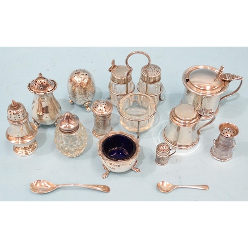 386 - A silver mustard pot, 7cm high, Sheffield 1920 and a collection of various silver condiments, ___9oz... 