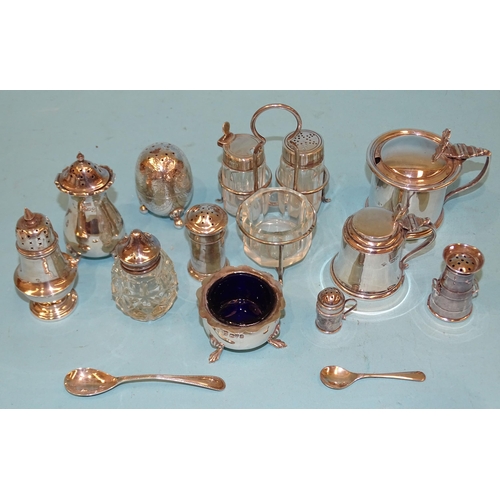 386 - A silver mustard pot, 7cm high, Sheffield 1920 and a collection of various silver condiments, ___9oz... 