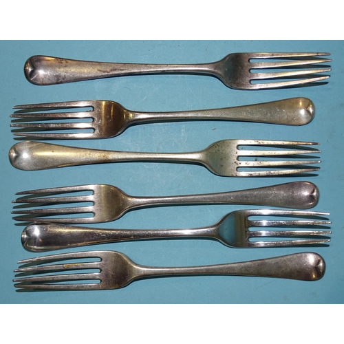 411 - Six Georgian Old English pattern silver table forks, Richard Crossley, London 1791, ___13oz.... 