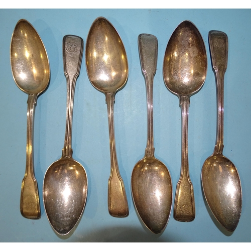 412 - Six Georgian silver fiddle and thread tablespoons, William Ellerby, London 1808, ___14oz.... 