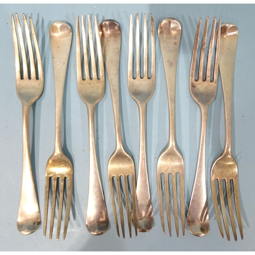 414 - Eight Georgian silver Old English pattern table forks, (marks rubbed), possibly Richard Crossley, Lo... 