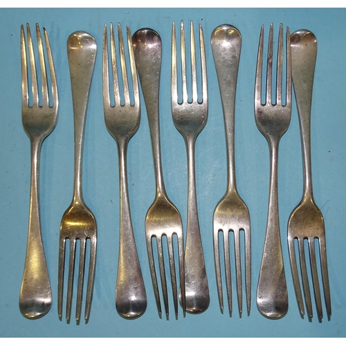 414 - Eight Georgian silver Old English pattern table forks, (marks rubbed), possibly Richard Crossley, Lo... 