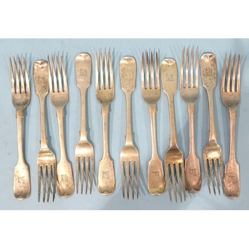 417 - Eleven Victorian silver fiddle pattern dessert forks, Chawner & Co, London 1860, ___18.4oz.... 