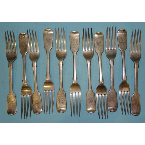 417 - Eleven Victorian silver fiddle pattern dessert forks, Chawner & Co, London 1860, ___18.4oz.... 