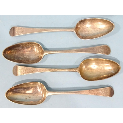 421 - Four Georgian silver Old English pattern tablespoons, maker IM, London 1773, ___9.77oz.... 