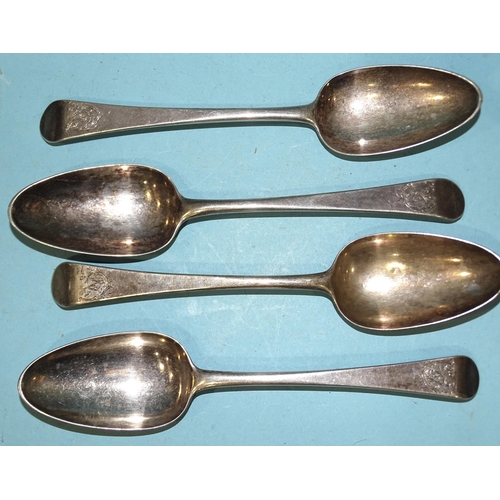 421 - Four Georgian silver Old English pattern tablespoons, maker IM, London 1773, ___9.77oz.... 